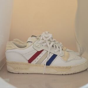 Adidas White Sneakers with Red and Blue Stripes